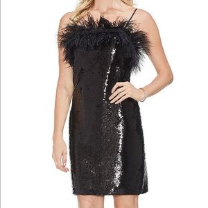 Vince Camuto Feather Trim Spaghetti Sequin prom Dress